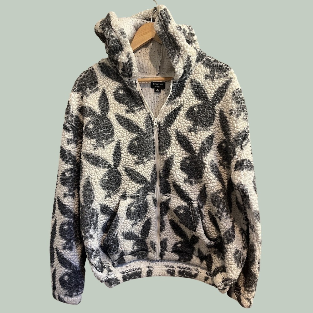 Playboy PacSun Sherpa Hoodie Mens Small Black White Bunny Monogram Full Zip